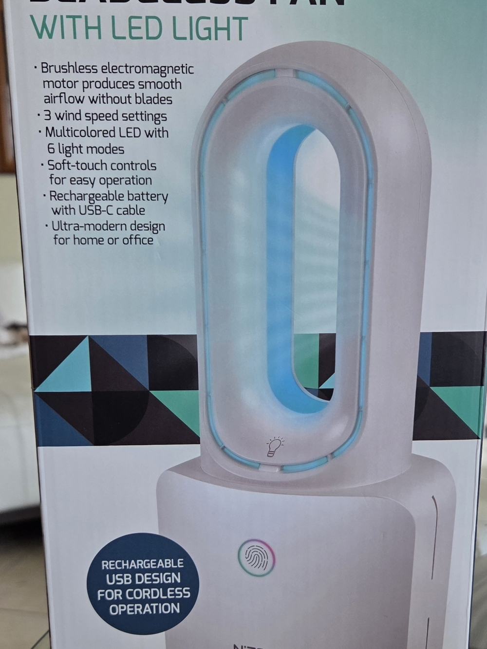 White Bladeless Desk Fan with Blue LED Accent - Rechargeable NWOT